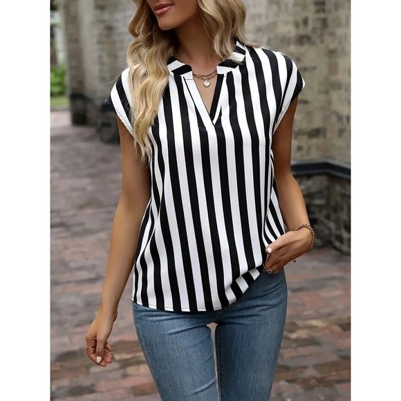 Striped Notched Neck Blouse, Casual Short Sleeve Blouse For Spring & Summer, Wom - Picture 3 of 3